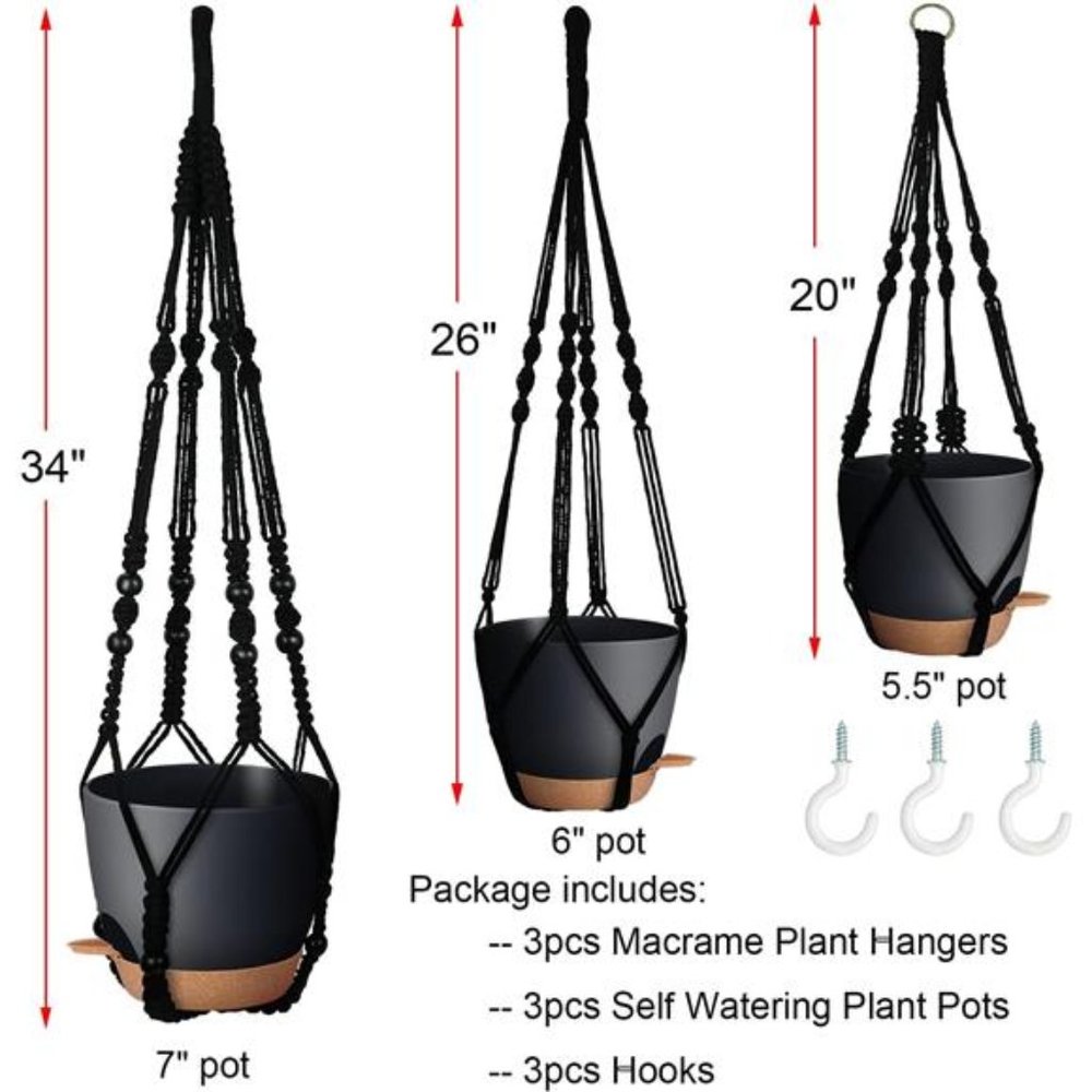 3 Pack Self Watering Hanging Planters Macrame - Picture 2 of 6